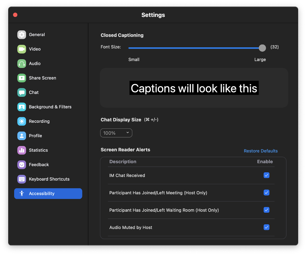 Caption settings window.