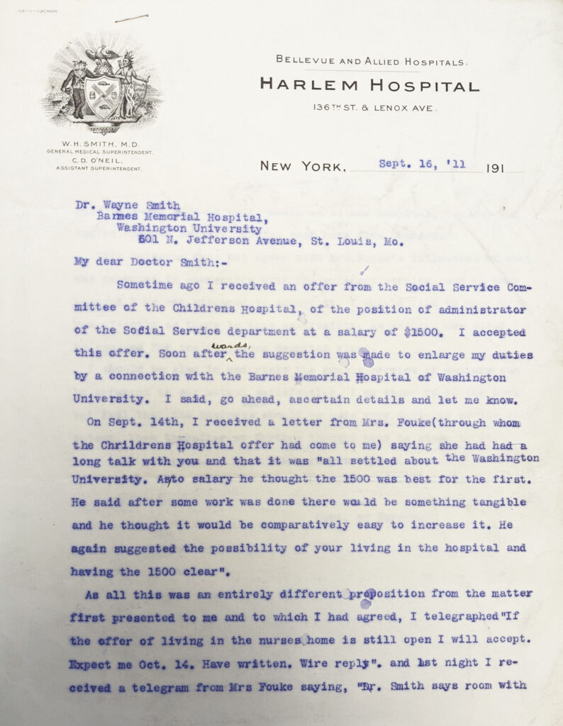 Letter from Julia Stimson to Wayne Smith dated September 16, 1911 