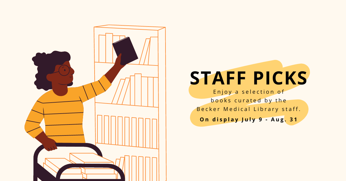 Staff Picks with graphic of person putting books on a shelf