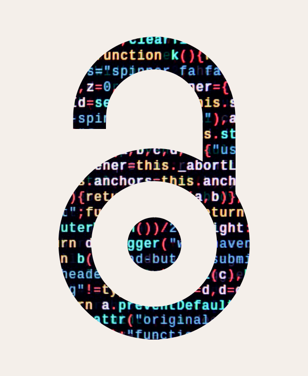 Open padlock symbol filled with colorful computer code on a light background, representing open access or unlocked digital content.