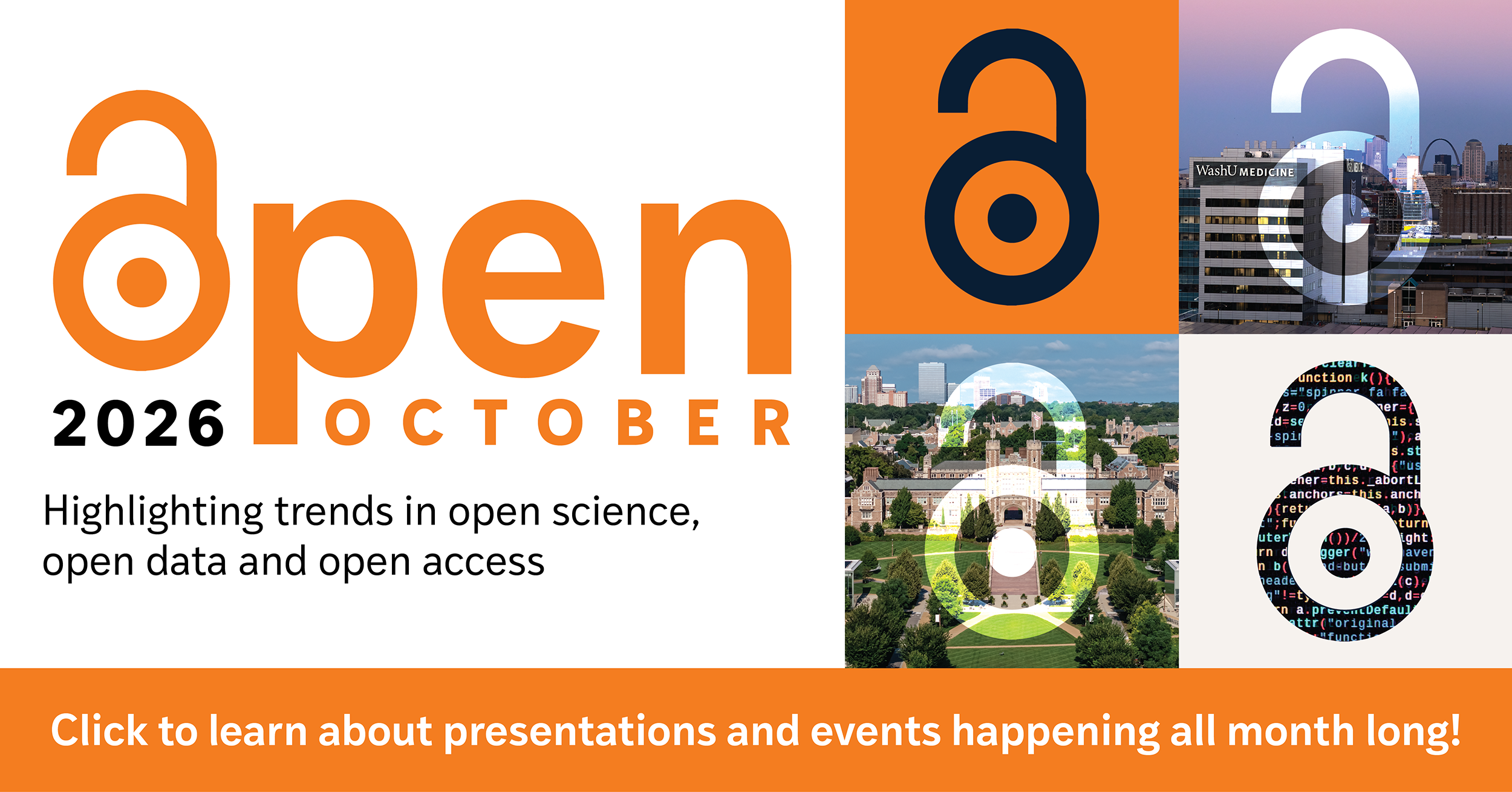Open October 2026 banner with open access logos and cityscapes, promoting events and presentations on open science, data, and access.