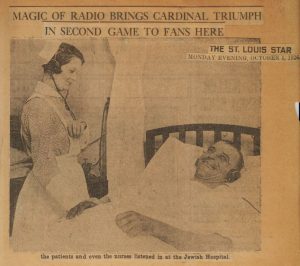 Jewish Hospital of St. Louis nurse and patient listen to St. Louis Cardinals