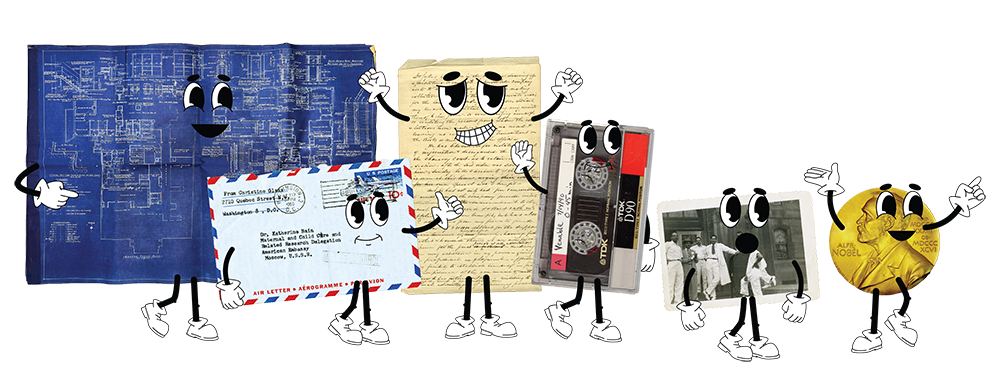 Six anthropomorphic items including a blueprint, an airmail envelope, a handwritten letter, a cassette tape, a black and white photograph, and a Nobel Prize medal.