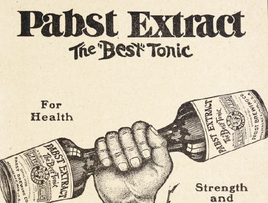 off white background with fist holding two Pabst beer bottles and words above saying "Pabst Extract"