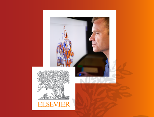 photo of person looking at a computer screen and Elsevier logo over a colorful background