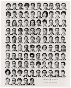 Washington University School of Medicine first year class, 1968-1969. Julian Mosley, Patrick Obiaya, and Karen Scruggs were the third, fourth, and fifth Black students to enter WUSM. VC023087-i023087, Bernard Becker Medical Library Archives, Washington University in St. Louis.