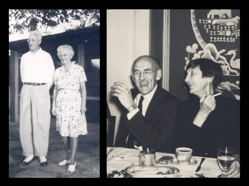 Two side-by-side black and white photographs: a couple standing outdoors and a couple laughing while seated at a table.