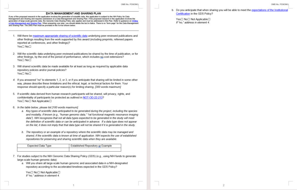 Screenshot of the NIH 2026 pilot data management and sharing plan document