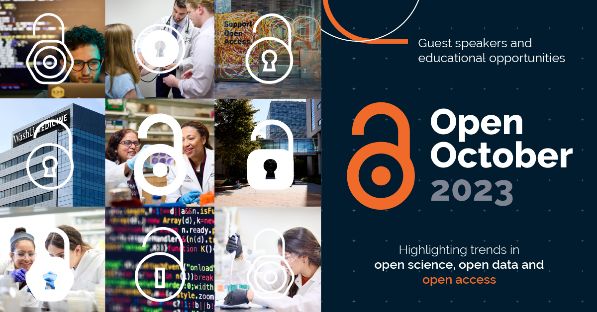 9 images in a square on the left with locks and images of WashU and on the right a navy color block with text: "Open October 2023"