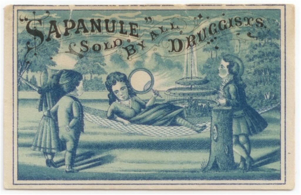 trade card advertisement for "Sapanule", showing girl lounging on a hammock