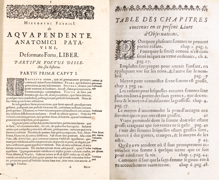 Latin text of Hieronymi Fabricii ab Aquapendente [link https://catalog.wustl.edu:443/record=b7425514~S3 ] on the left; French text of Observations diverses sur la sterilité on the right