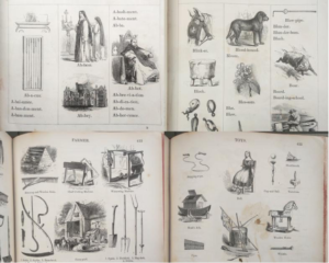 Various labeled illustrations. Top: Images and terms arranged in alphabetical order (A, B) Bottom: Images and terms arranged by topic (farmer, toys)