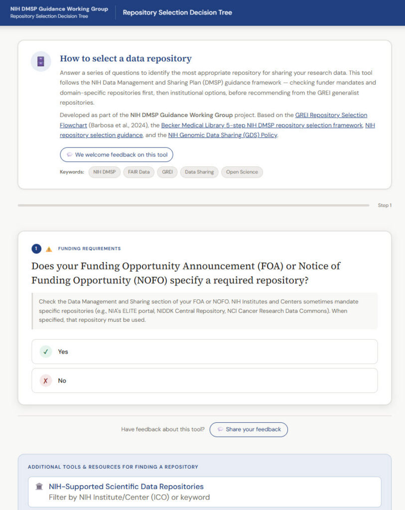 Screenshot of the interactive data repository selection tool