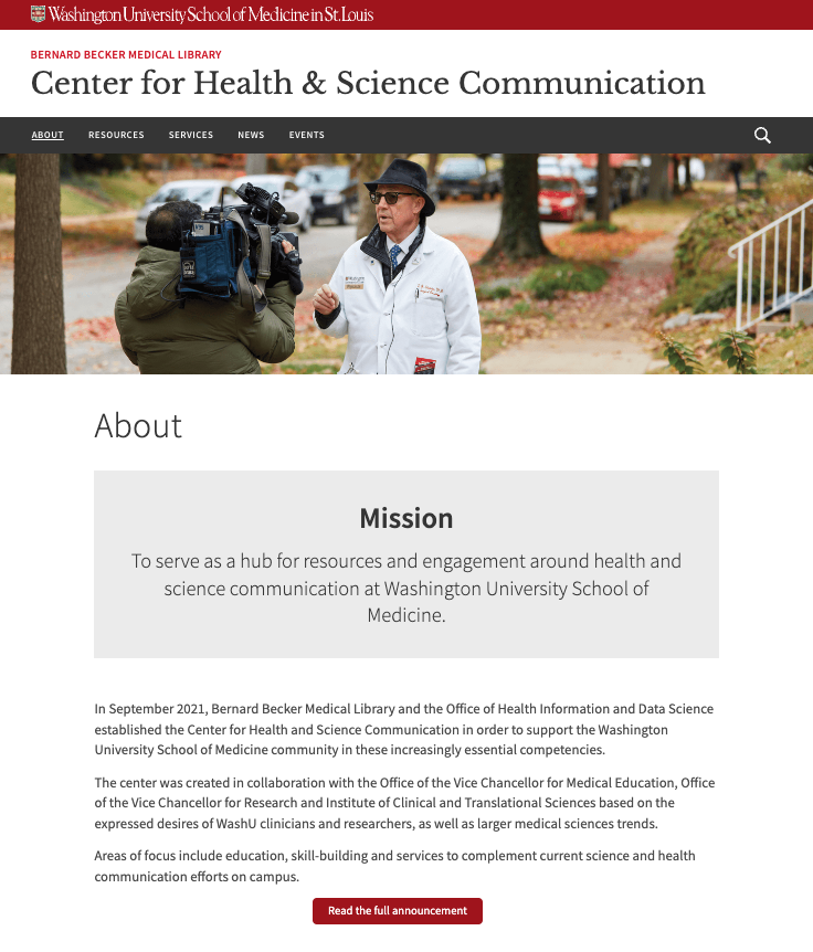 A screenshot of the Center for Health and Science Communication website.