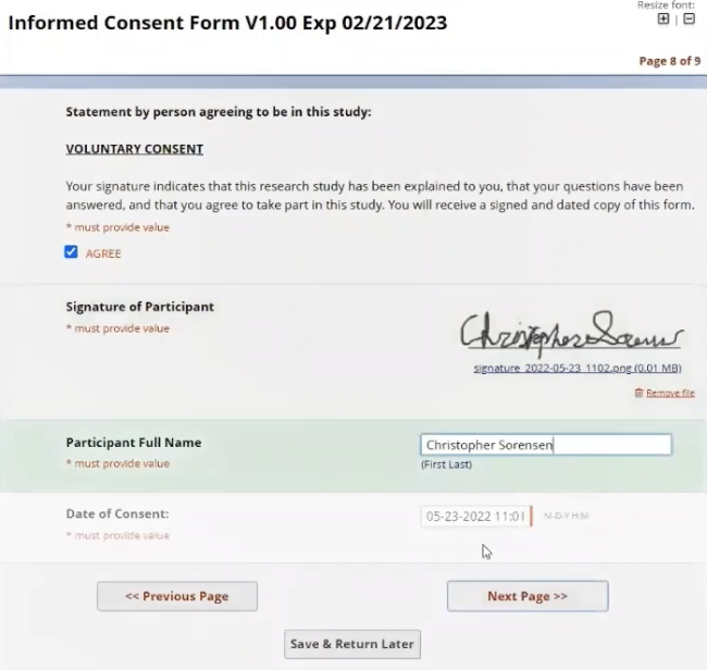 An e-consent form in REDCap.