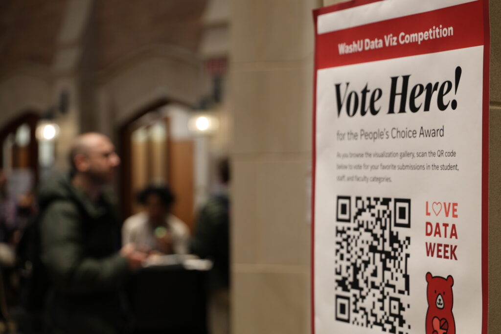 A sign for the WashU Data Viz Competition with a QR code for the People’s Choice Award vote.