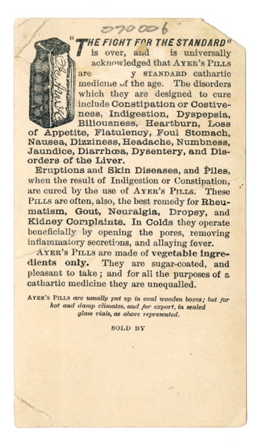 Reverse side of the trade card ad with a list of the many ailments Ayer’s Pills can apparently cure. 