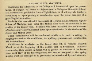 Requisites for Admission to Washington University’s Medical Department in 1891.