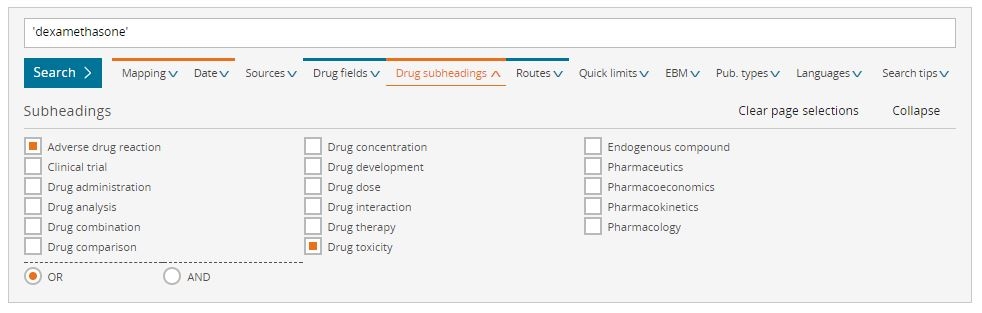 Embase drug search screen shot