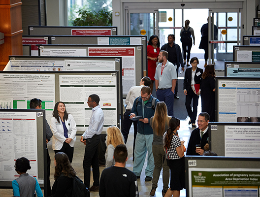 People gather in a large hall, viewing and discussing research posters displayed on boards at an academic or scientific conference.