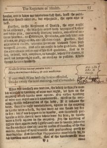 1634 copy of the "Salernitan Regimen of Health" with manicule and note