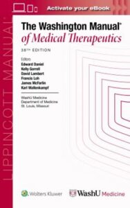 Book cover of “The Washington Manual of Medical Therapeutics, 38th Edition” by multiple editors, published by Wolters Kluwer, featuring a white and pink design.