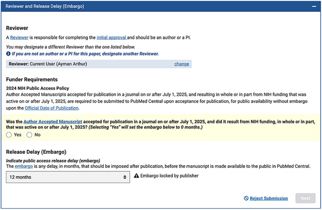 Screenshot of a form for NIH Public Access policy compliance, showing reviewer details, funder requirements, and an embargo release delay selection set to 12 months.