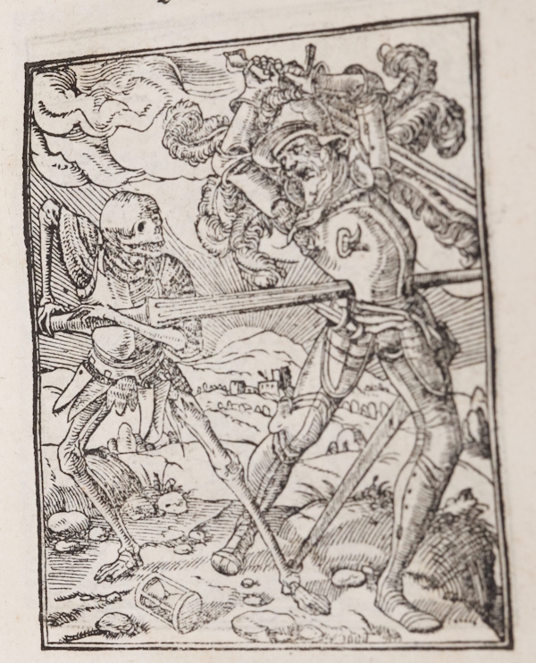 Nobleman is contorted with fear as Death runs him through with a sword