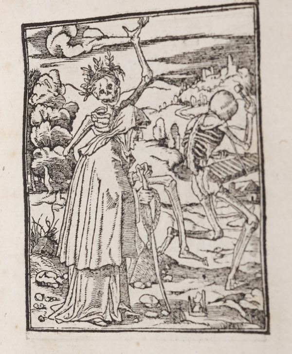 Old Woman, weary with life, follows a skeleton playing a musical instrument